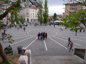 Ljubljana De drie bruggen op Preseren-plein.