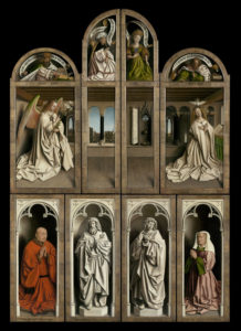 Jan (Maaseik?, ca. 1390 - Brugge, 1441) en Hubert van Eyck (Maaseik, ca. 1366/1370- Gent, 1426) Aanbidding van het Lam Gods, 1432 Buitenluiken van het gesloten altaarstuk Olieverf op paneel Sint-Baafskathedraal, Gent / Koninklijke Musea voor Schone Kunsten van België, Brussel © www.lukasweb.be - Art in Flanders vzw